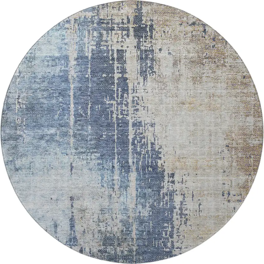 8' Navy Blue Beige And Taupe Abstract Washable Round Rug With UV Protection Photo 3