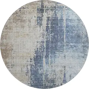 Photo of 8' Navy Blue Beige And Taupe Abstract Washable Round Rug With UV Protection