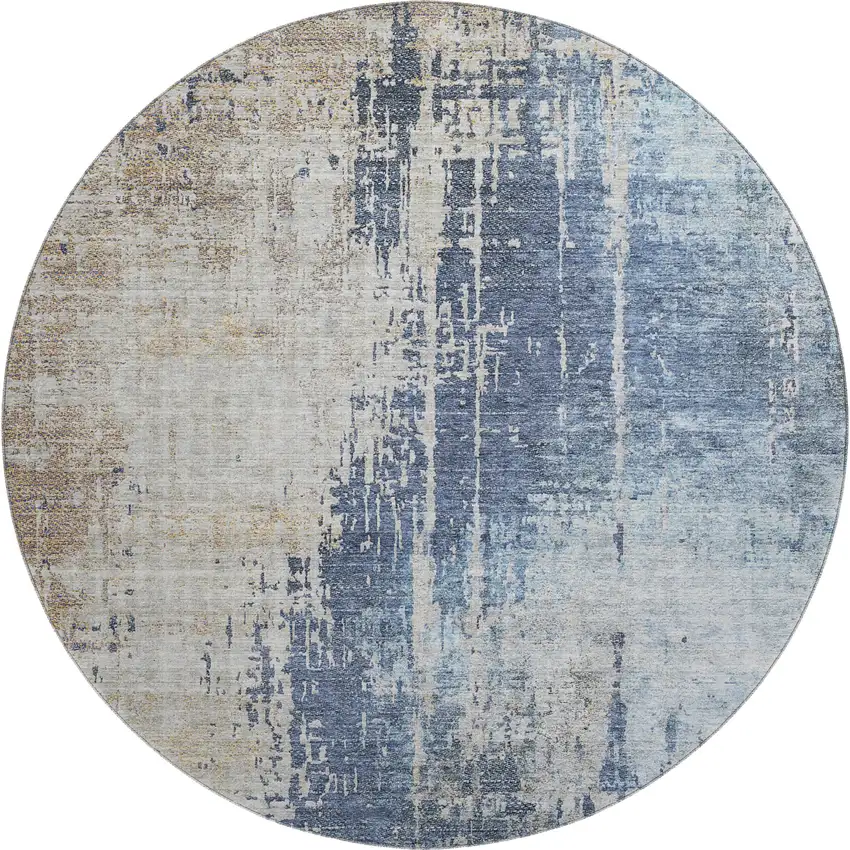 8' Navy Blue Beige And Taupe Abstract Washable Round Rug With UV Protection Photo 1