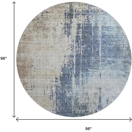 8' Navy Blue Beige And Taupe Abstract Washable Round Rug With UV Protection Photo 9