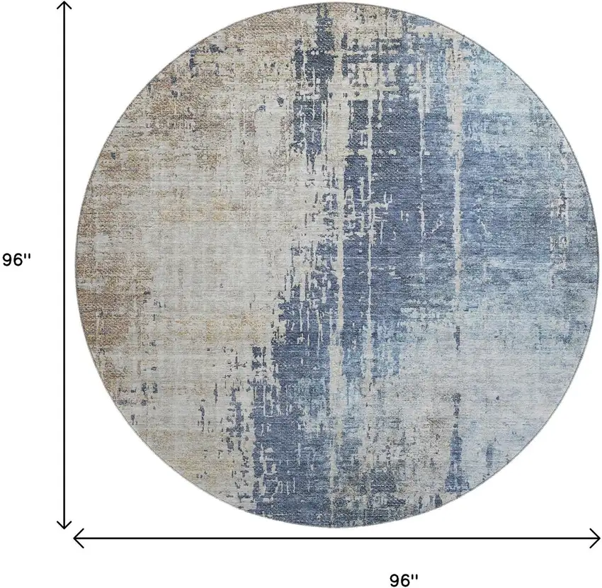 8' Navy Blue Beige And Taupe Abstract Washable Round Rug With UV Protection Photo 9