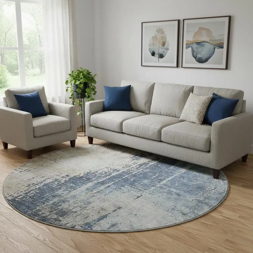 8' Navy Blue Beige And Taupe Abstract Washable Round Rug With UV Protection Photo 1