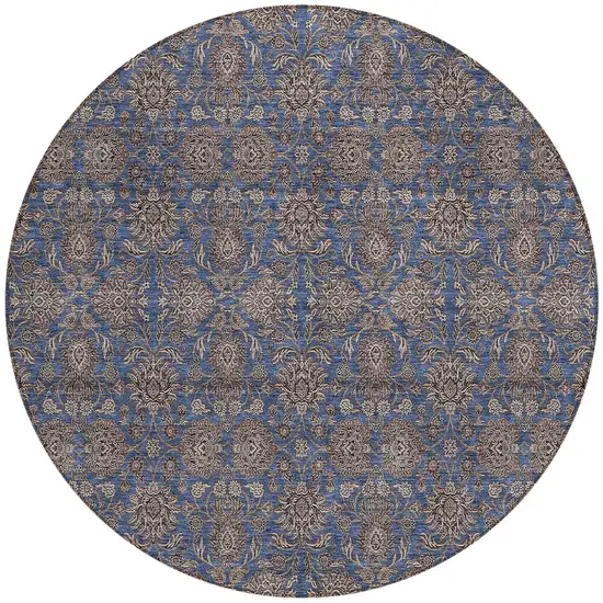 8' Navy Blue Beige And Taupe Round Floral Washable Indoor Outdoor Area Rug Photo 4