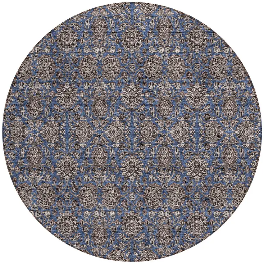 8' Navy Blue Beige And Taupe Round Floral Washable Indoor Outdoor Area Rug Photo 4