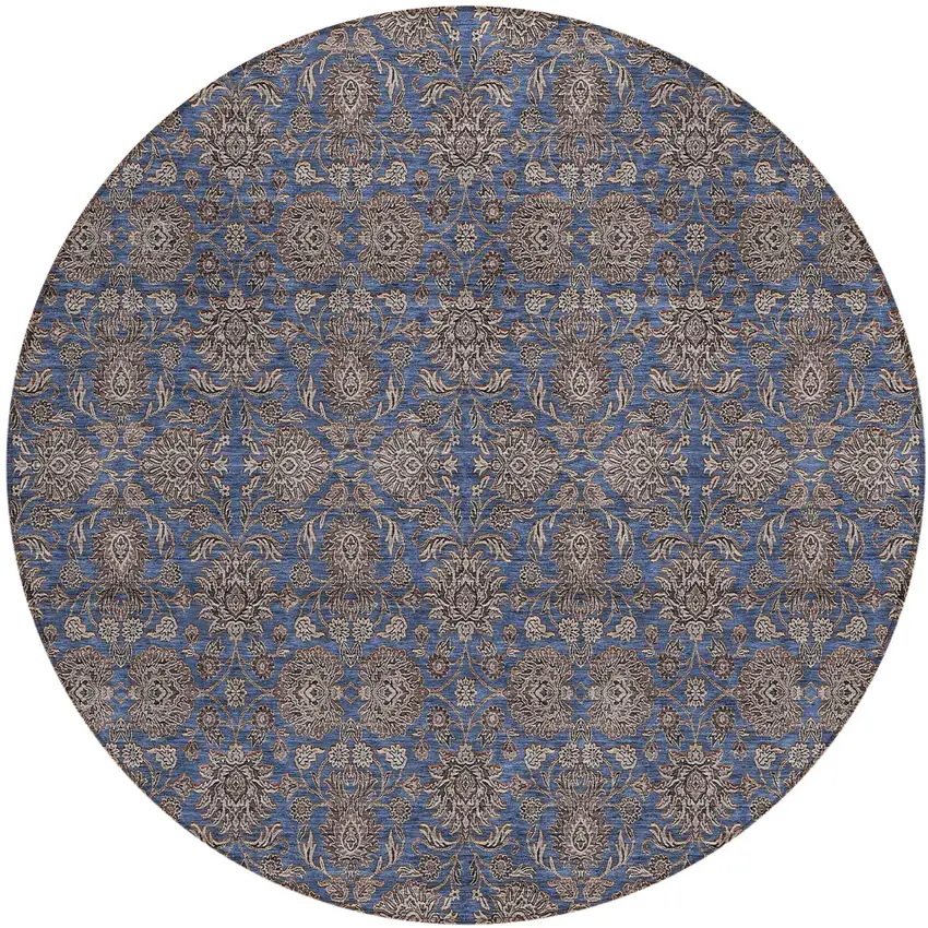 8' Navy Blue Beige And Taupe Round Floral Washable Indoor Outdoor Area Rug Photo 1