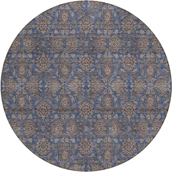 8' Navy Blue Beige And Taupe Round Floral Washable Indoor Outdoor Area Rug Photo 1