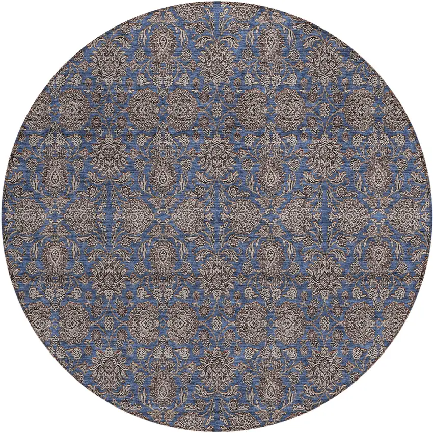 8' Navy Blue Beige And Taupe Round Floral Washable Indoor Outdoor Area Rug Photo 1