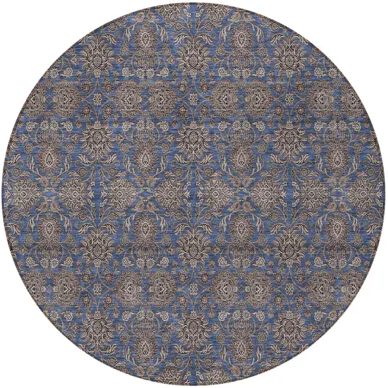 8' Navy Blue Beige And Taupe Round Floral Washable Indoor Outdoor Area Rug Photo 5