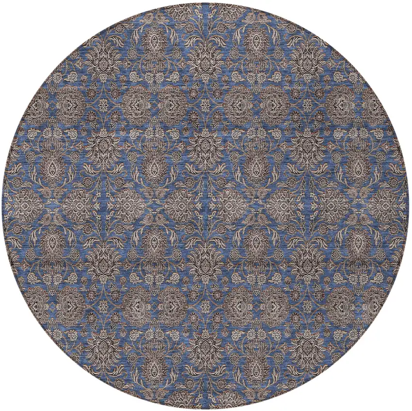 8' Navy Blue Beige And Taupe Round Floral Washable Indoor Outdoor Area Rug Photo 5