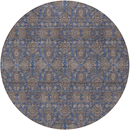 8' Navy Blue Beige And Taupe Round Floral Washable Indoor Outdoor Area Rug Photo 5