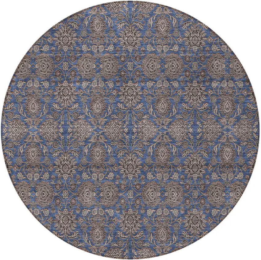 8' Navy Blue Beige And Taupe Round Floral Washable Indoor Outdoor Area Rug Photo 5