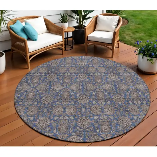 8' Navy Blue Beige And Taupe Round Floral Washable Indoor Outdoor Area Rug Photo 1