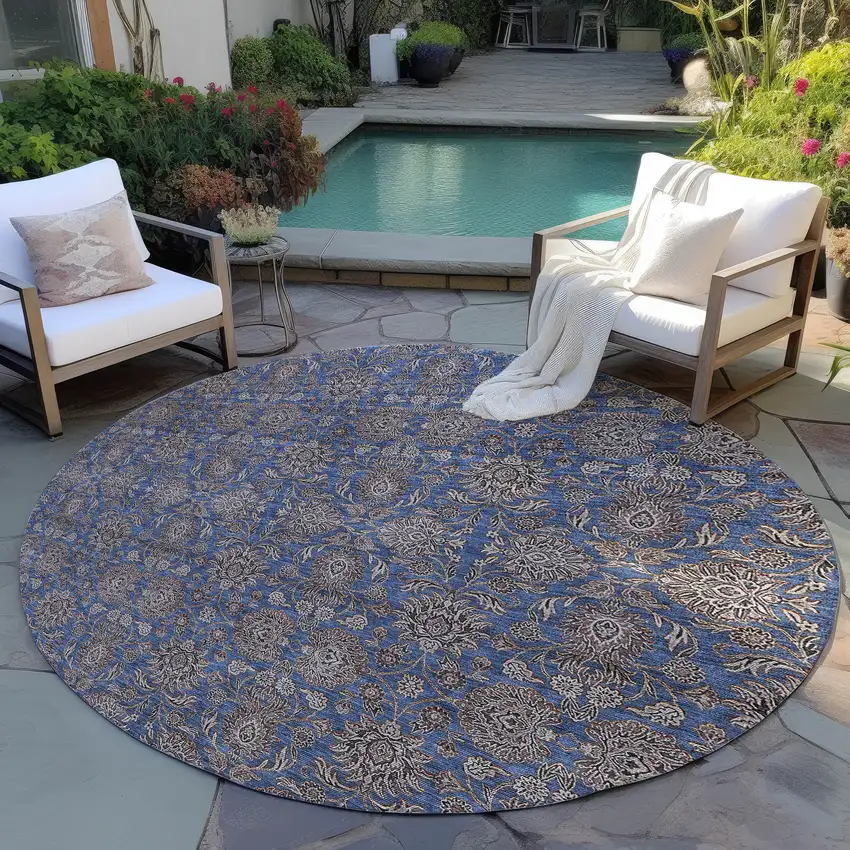 8' Navy Blue Beige And Taupe Round Floral Washable Indoor Outdoor Area Rug Photo 6