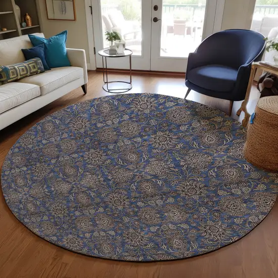 8' Navy Blue Beige And Taupe Round Floral Washable Indoor Outdoor Area Rug Photo 7