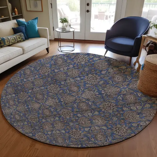 8' Navy Blue Beige And Taupe Round Floral Washable Indoor Outdoor Area Rug Photo 7