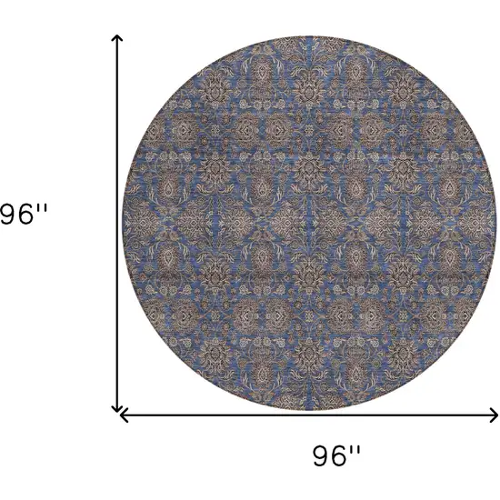 8' Navy Blue Beige And Taupe Round Floral Washable Indoor Outdoor Area Rug Photo 8
