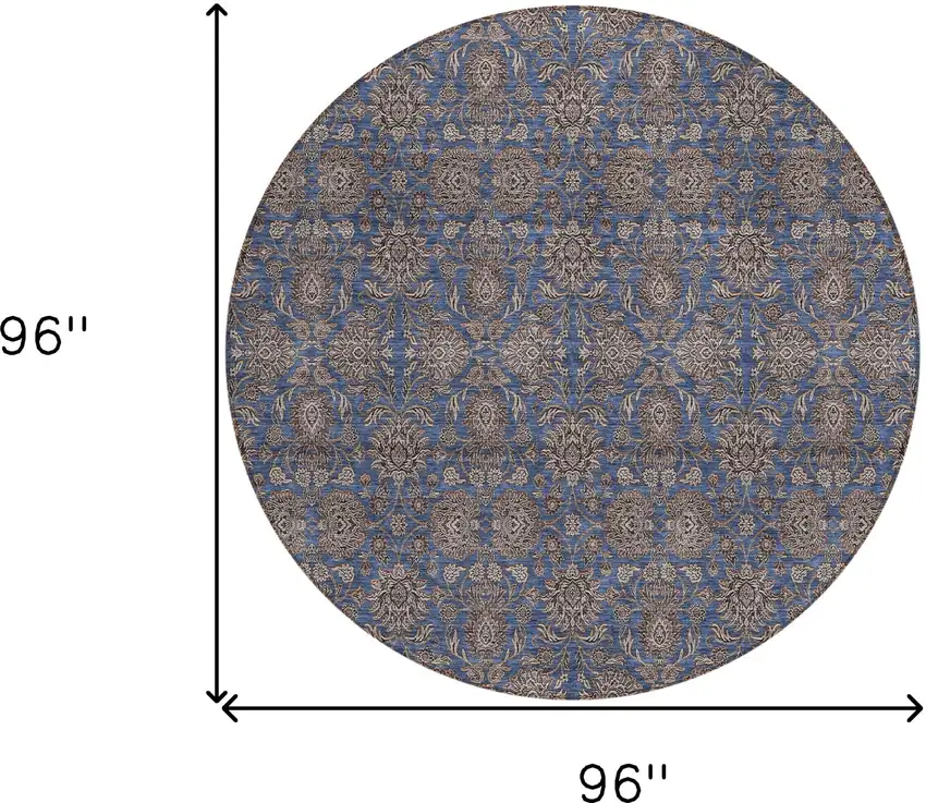 8' Navy Blue Beige And Taupe Round Floral Washable Indoor Outdoor Area Rug Photo 8