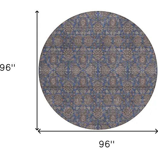 8' Navy Blue Beige And Taupe Round Floral Washable Indoor Outdoor Area Rug Photo 8