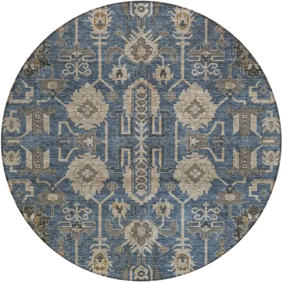 8' Navy Blue Beige And Taupe Round Oriental Washable Indoor Outdoor Area Rug Photo 1