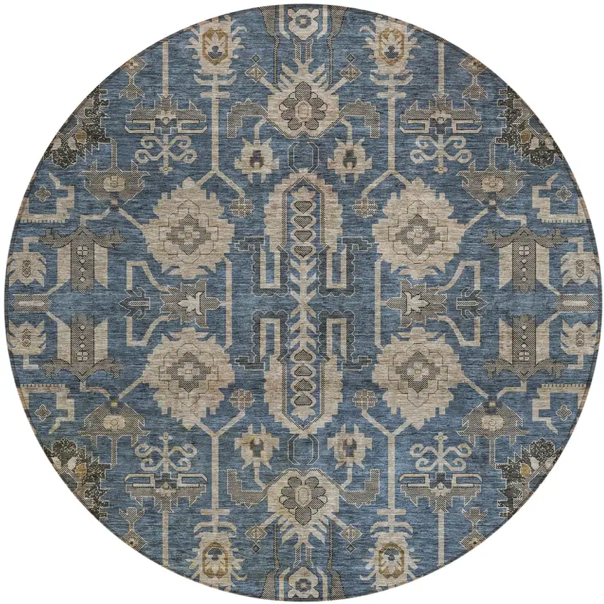8' Navy Blue Beige And Taupe Round Oriental Washable Indoor Outdoor Area Rug Photo 1
