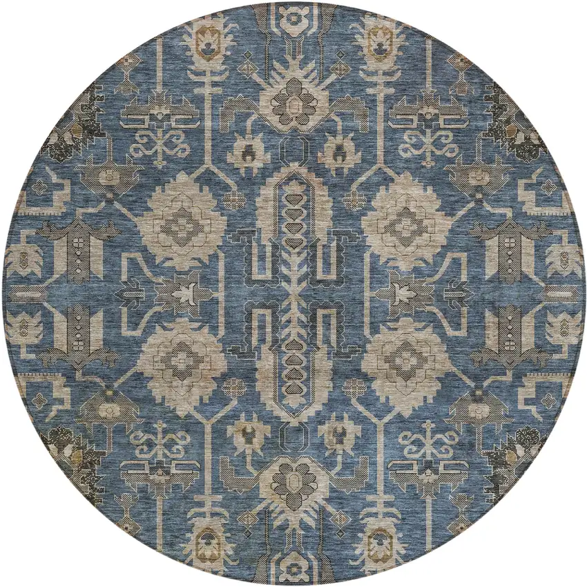 8' Navy Blue Beige And Taupe Round Oriental Washable Indoor Outdoor Area Rug Photo 1