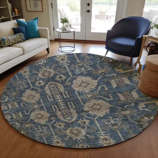 8' Navy Blue Beige And Taupe Round Oriental Washable Indoor Outdoor Area Rug Photo 7