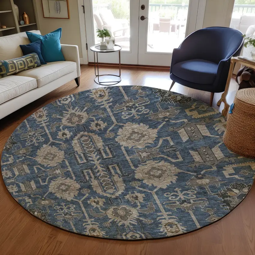 8' Navy Blue Beige And Taupe Round Oriental Washable Indoor Outdoor Area Rug Photo 7