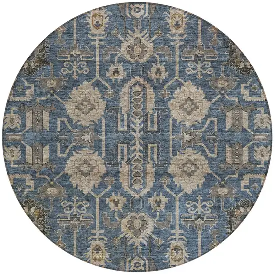 8' Navy Blue Beige And Taupe Round Oriental Washable Indoor Outdoor Area Rug Photo 5