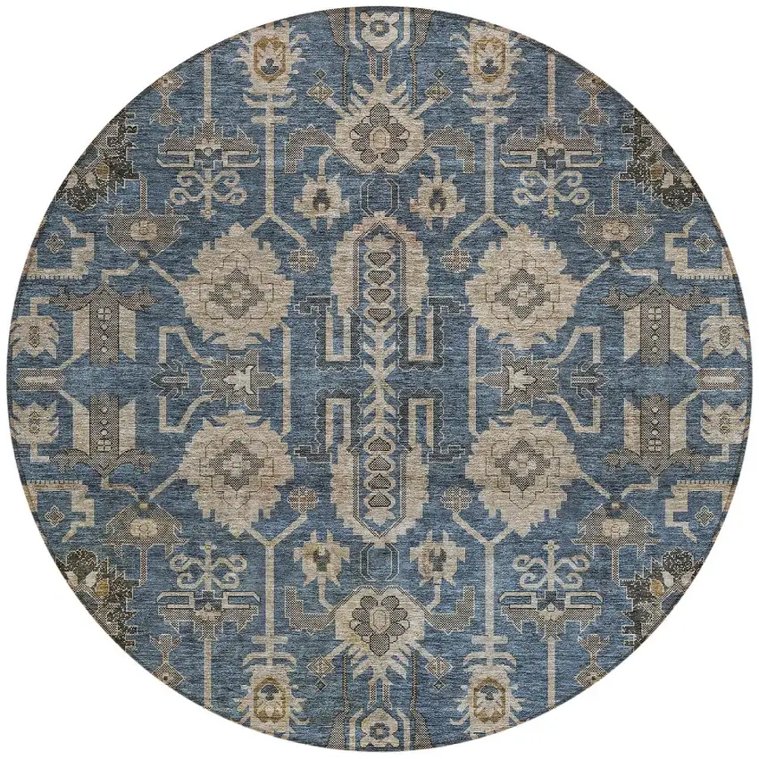 8' Navy Blue Beige And Taupe Round Oriental Washable Indoor Outdoor Area Rug Photo 5