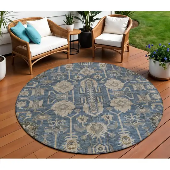 8' Navy Blue Beige And Taupe Round Oriental Washable Indoor Outdoor Area Rug Photo 1