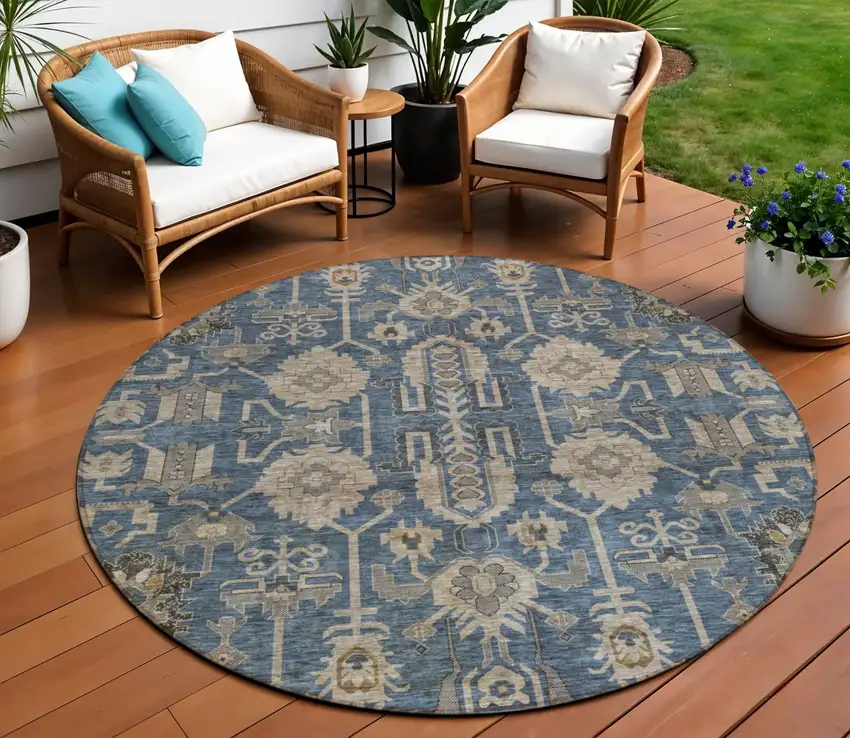 8' Navy Blue Beige And Taupe Round Oriental Washable Indoor Outdoor Area Rug Photo 1