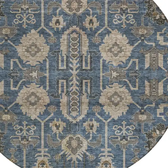 8' Navy Blue Beige And Taupe Round Oriental Washable Indoor Outdoor Area Rug Photo 4