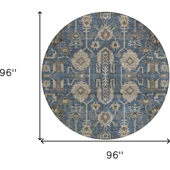8' Navy Blue Beige And Taupe Round Oriental Washable Indoor Outdoor Area Rug Photo 8