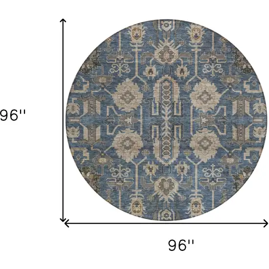 8' Navy Blue Beige And Taupe Round Oriental Washable Indoor Outdoor Area Rug Photo 8