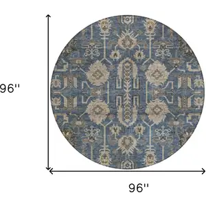 Photo of 8' Navy Blue Beige And Taupe Round Oriental Washable Indoor Outdoor Area Rug