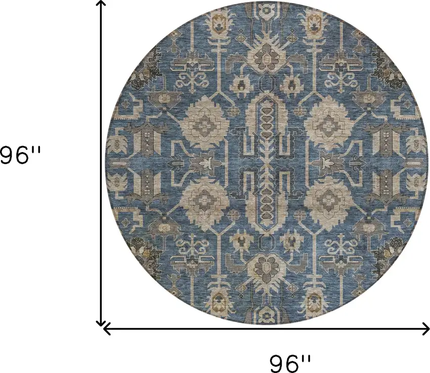 8' Navy Blue Beige And Taupe Round Oriental Washable Indoor Outdoor Area Rug Photo 8