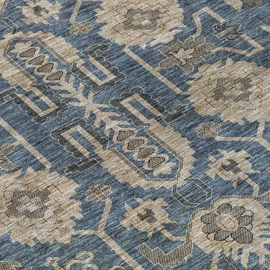 8' Navy Blue Beige And Taupe Round Oriental Washable Indoor Outdoor Area Rug Photo 9