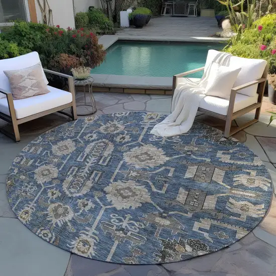 8' Navy Blue Beige And Taupe Round Oriental Washable Indoor Outdoor Area Rug Photo 6