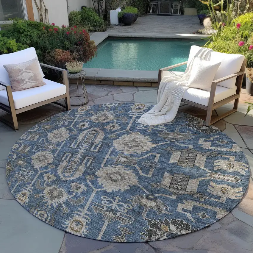 8' Navy Blue Beige And Taupe Round Oriental Washable Indoor Outdoor Area Rug Photo 6