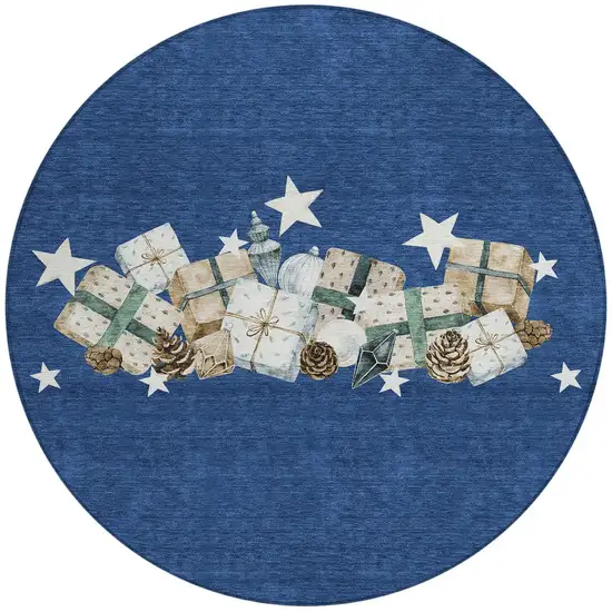 8' Navy Blue Beige Ivory And Taupe Round Geometric Washable Indoor Outdoor Area Rug Photo 3