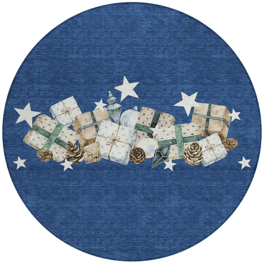 8' Navy Blue Beige Ivory And Taupe Round Geometric Washable Indoor Outdoor Area Rug Photo 3