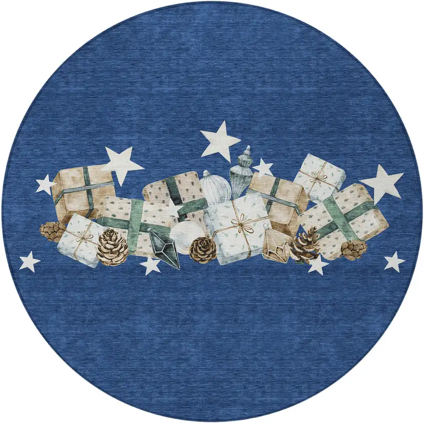 8' Navy Blue Beige Ivory And Taupe Round Presents Washable Indoor Outdoor Area Rug Photo 4