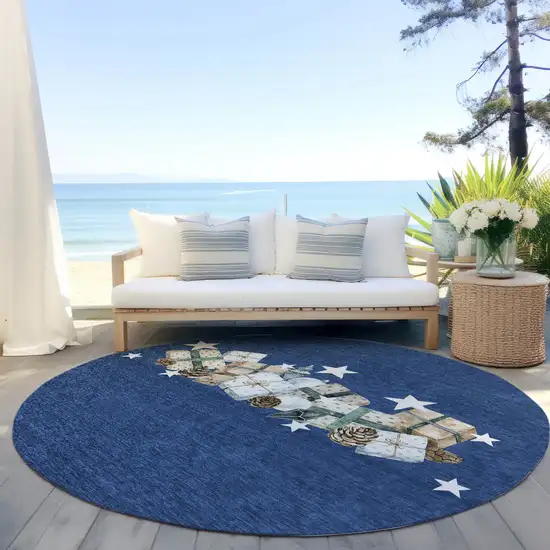 8' Navy Blue Beige Ivory And Taupe Round Presents Washable Indoor Outdoor Area Rug Photo 5