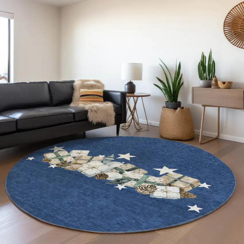 8' Navy Blue Beige Ivory And Taupe Round Geometric Washable Indoor Outdoor Area Rug Photo 6