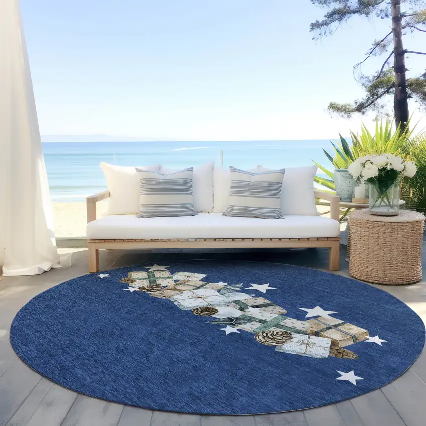 8' Navy Blue Beige Ivory And Taupe Round Geometric Washable Indoor Outdoor Area Rug Photo 5