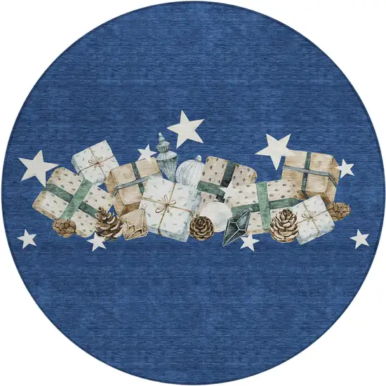 8' Navy Blue Beige Ivory And Taupe Round Presents Washable Indoor Outdoor Area Rug Photo 2
