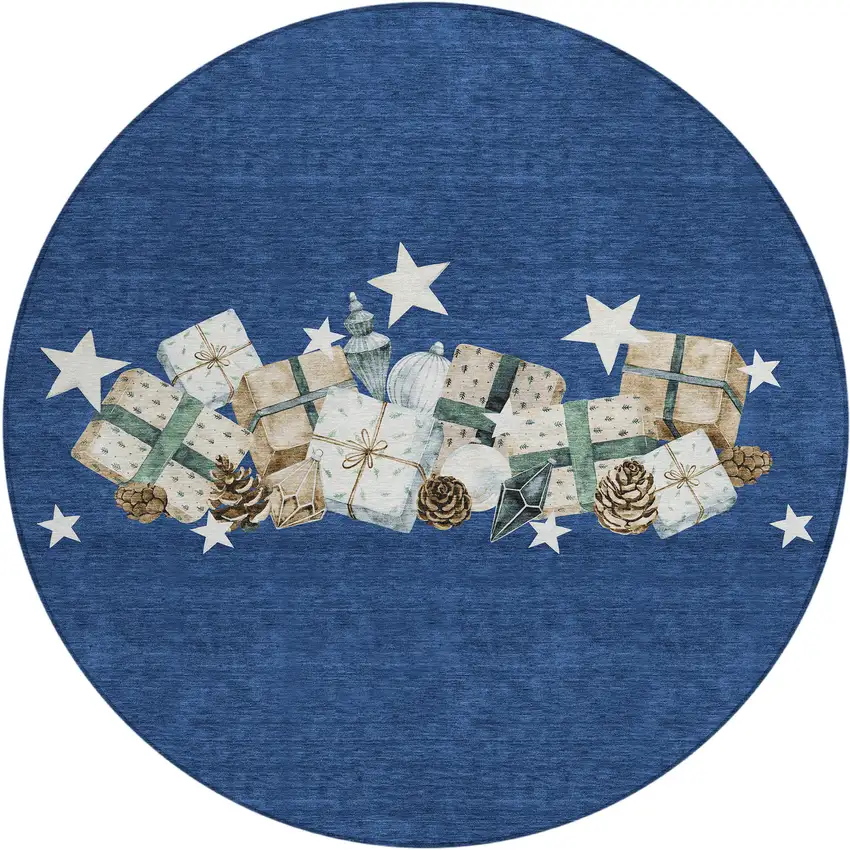 8' Navy Blue Beige Ivory And Taupe Round Presents Washable Indoor Outdoor Area Rug Photo 2