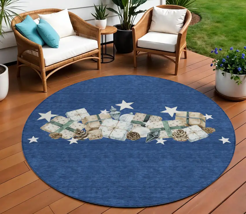 8' Navy Blue Beige Ivory And Taupe Round Presents Washable Indoor Outdoor Area Rug Photo 1