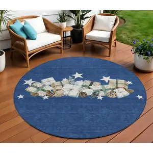 Photo of 8' Navy Blue Beige Ivory And Taupe Round Geometric Washable Indoor Outdoor Area Rug