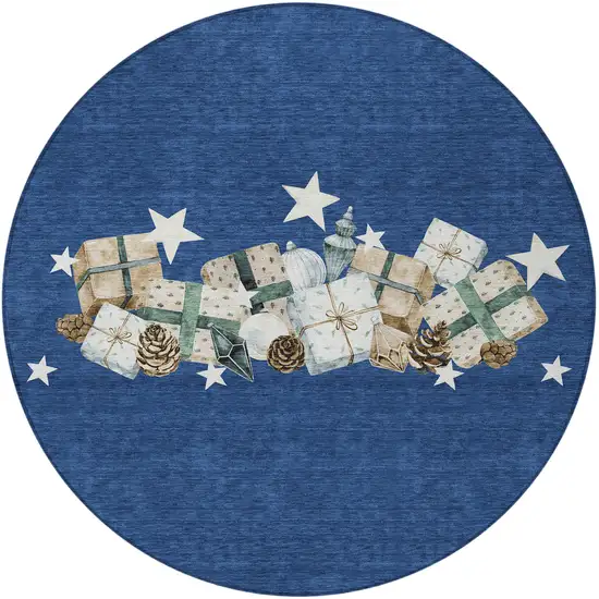 8' Navy Blue Beige Ivory And Taupe Round Geometric Washable Indoor Outdoor Area Rug Photo 4